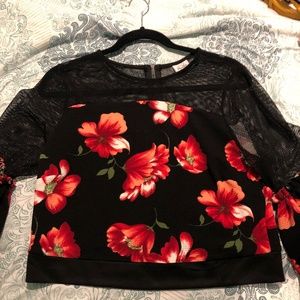 Black Net and Red Flowers Crop Top